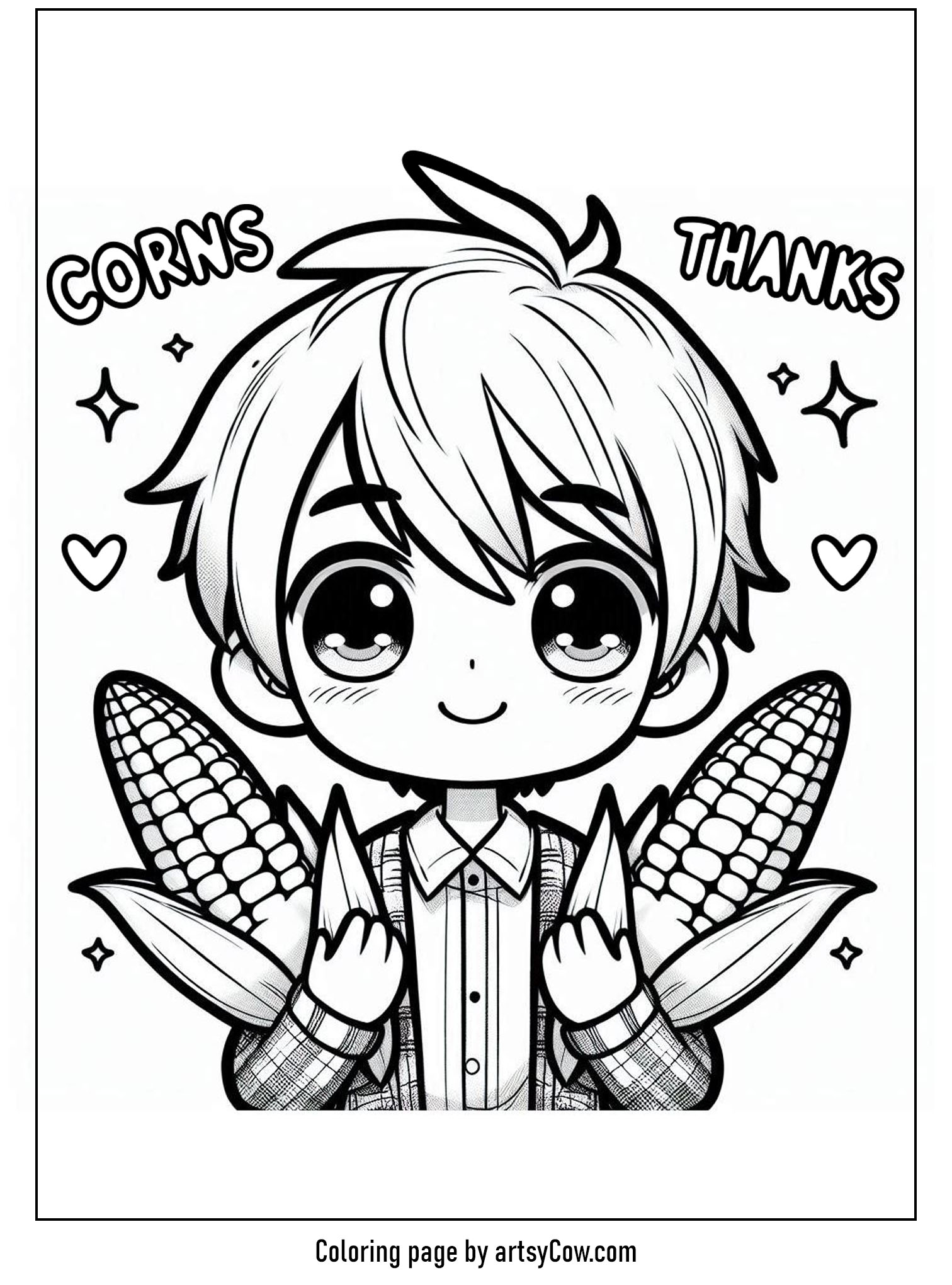 Thanksgiving coloring pages featuring a cheerful pilgrim boy holding corn cobs.